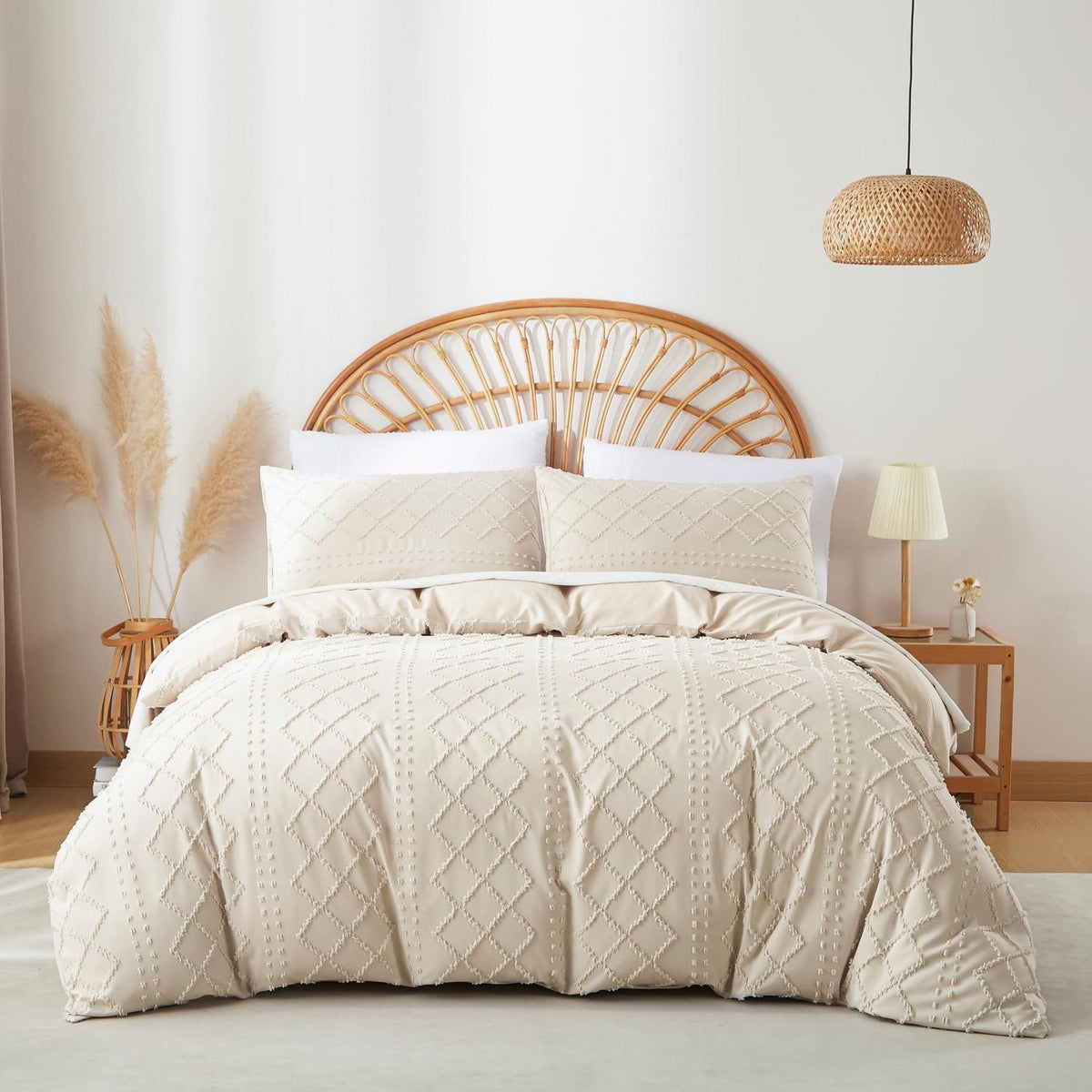 Beige Boho Bettwäsche-Set 200x200 | Getuftet & Kariert