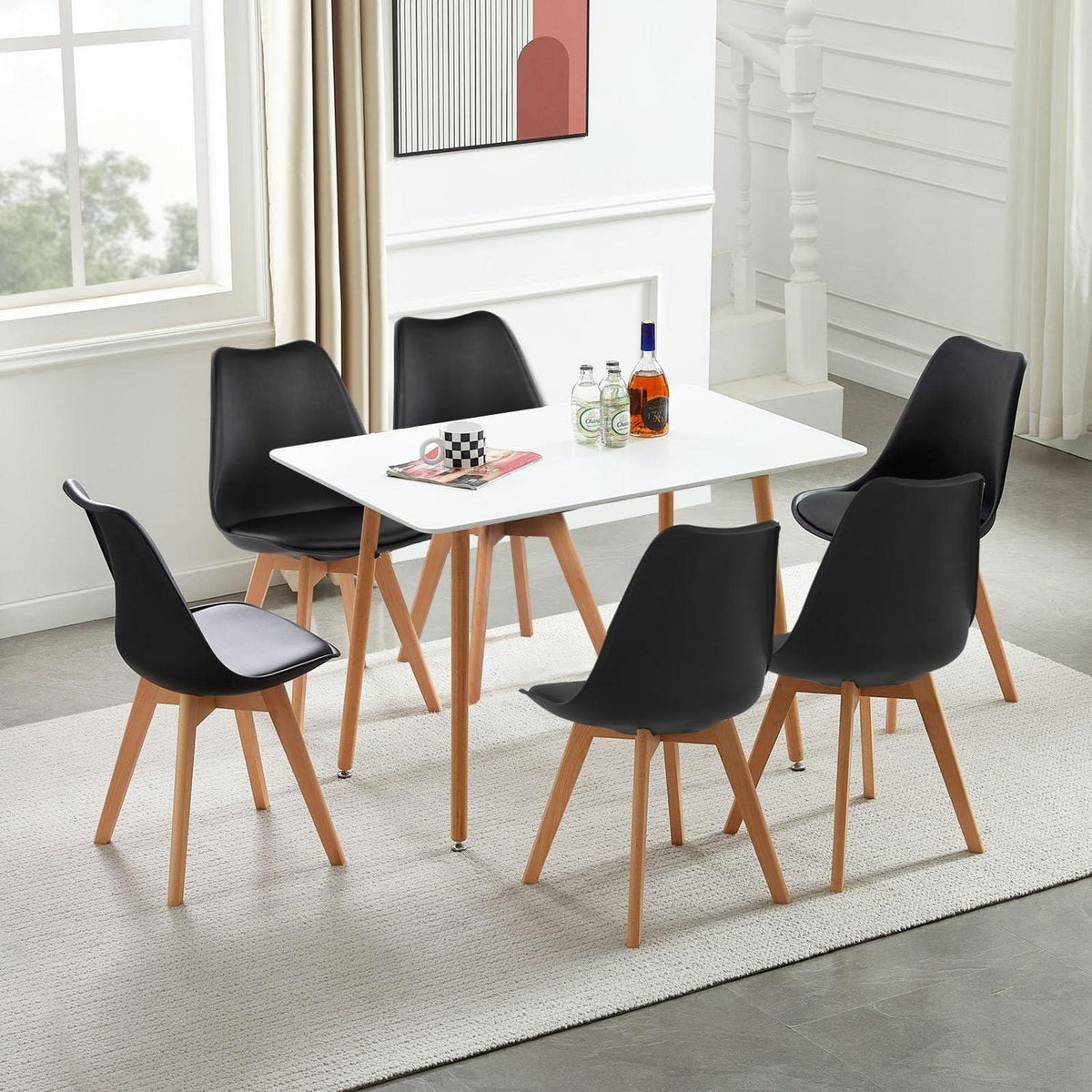 Esszimmergruppe 110cm Esstisch mit 6 Stühlen Weiß/Schwarz