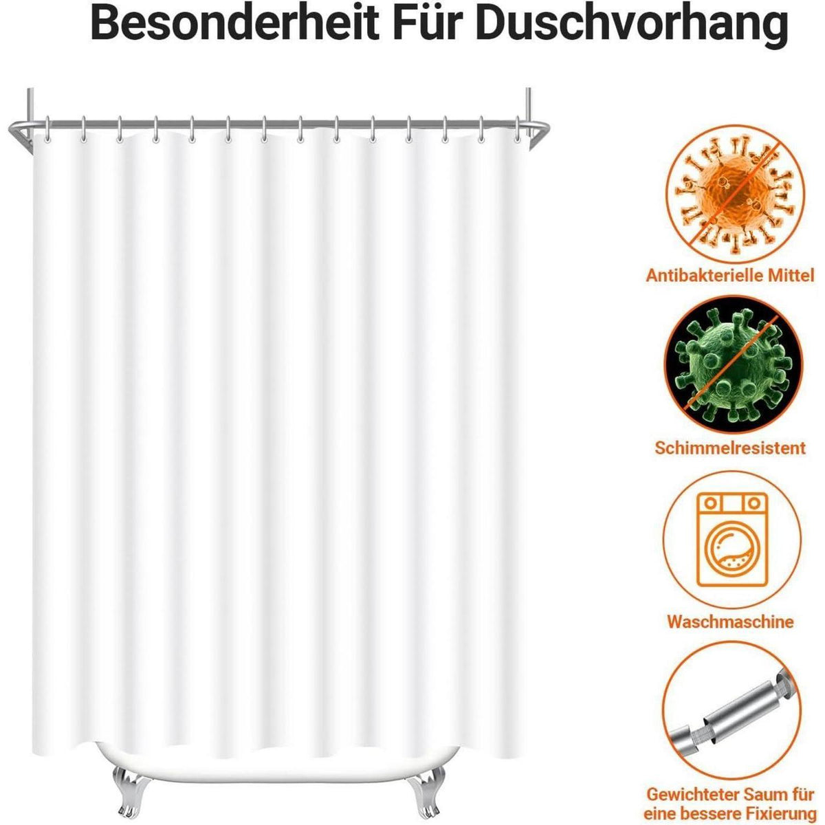Weißer Duschvorhang 80x180cm mit Haken & Antischimmel Beschichtung