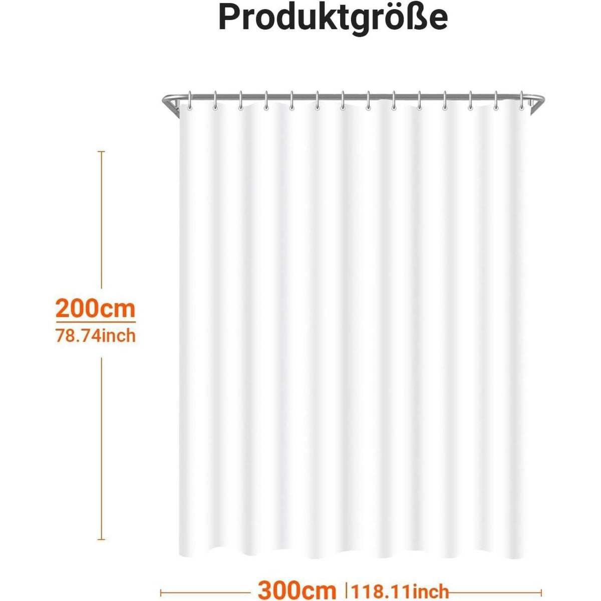 Duschvorhang 300x200cm Reinweiß mit Haken & Antischimmel Beschichtung