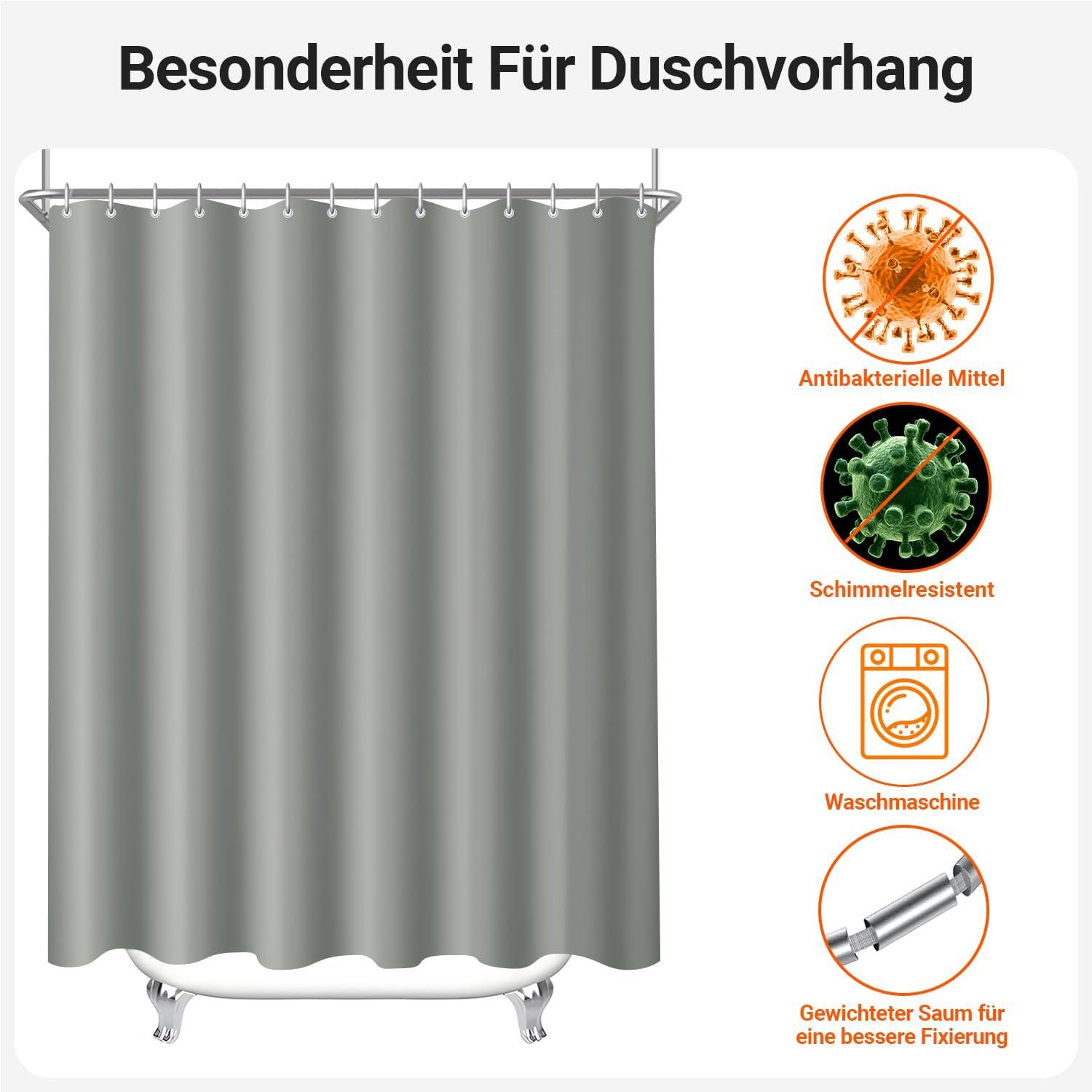 Duschvorhang 150x200cm Grau Wasserabweisend Antischimmel inkl.12 Ringe