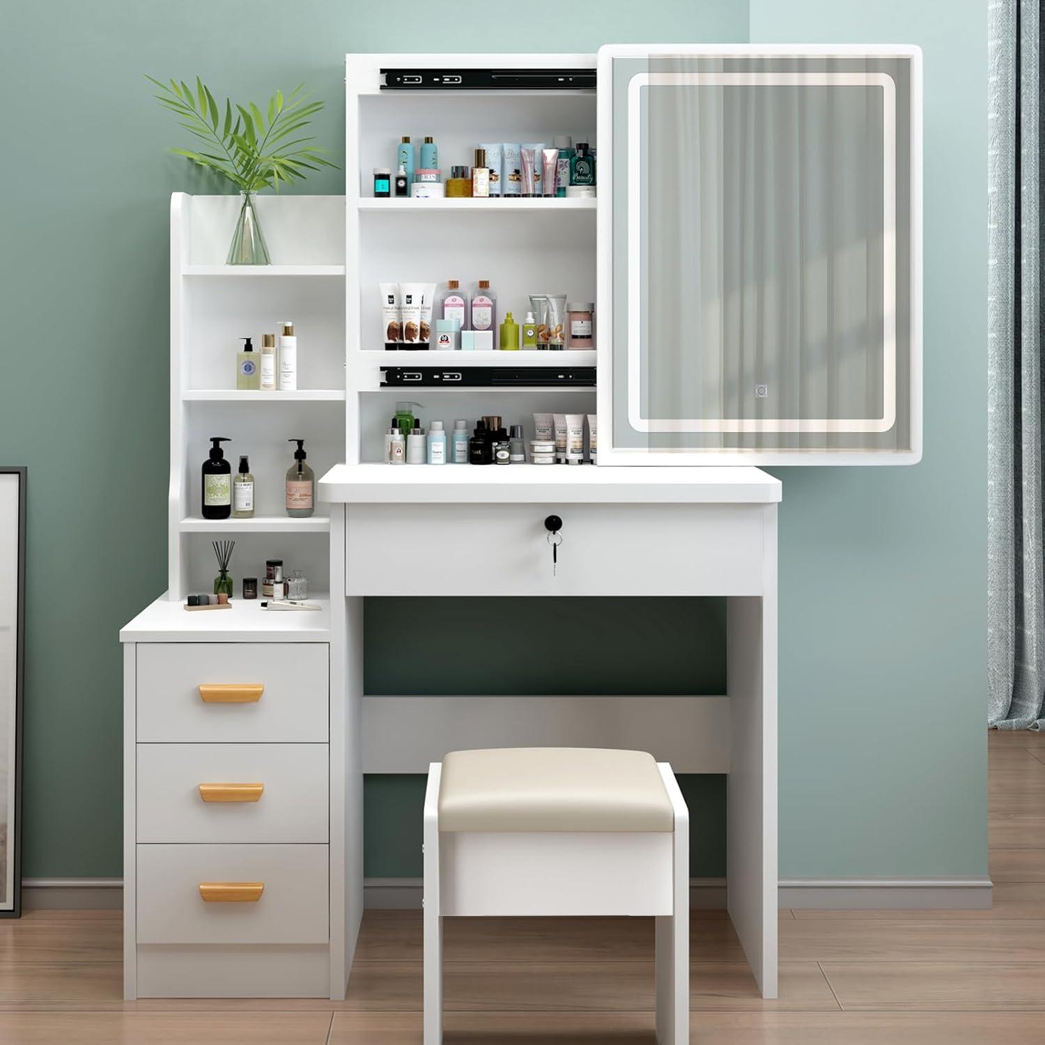 Schminktisch mit LED-Beleuchtung und Stuhl, Holzoptik