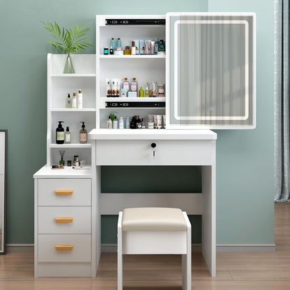 Schminktisch mit LED-Beleuchtung und Stuhl, Holzoptik