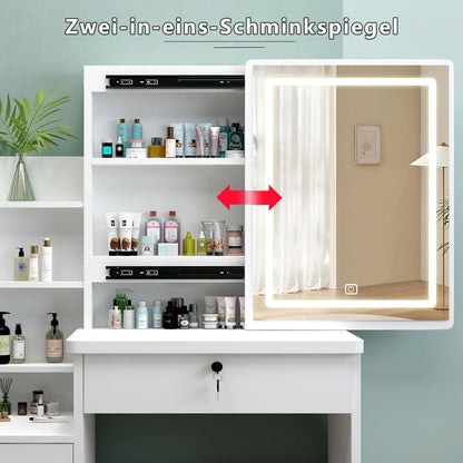 Schminktisch mit LED-Beleuchtung und Stuhl, Holzoptik