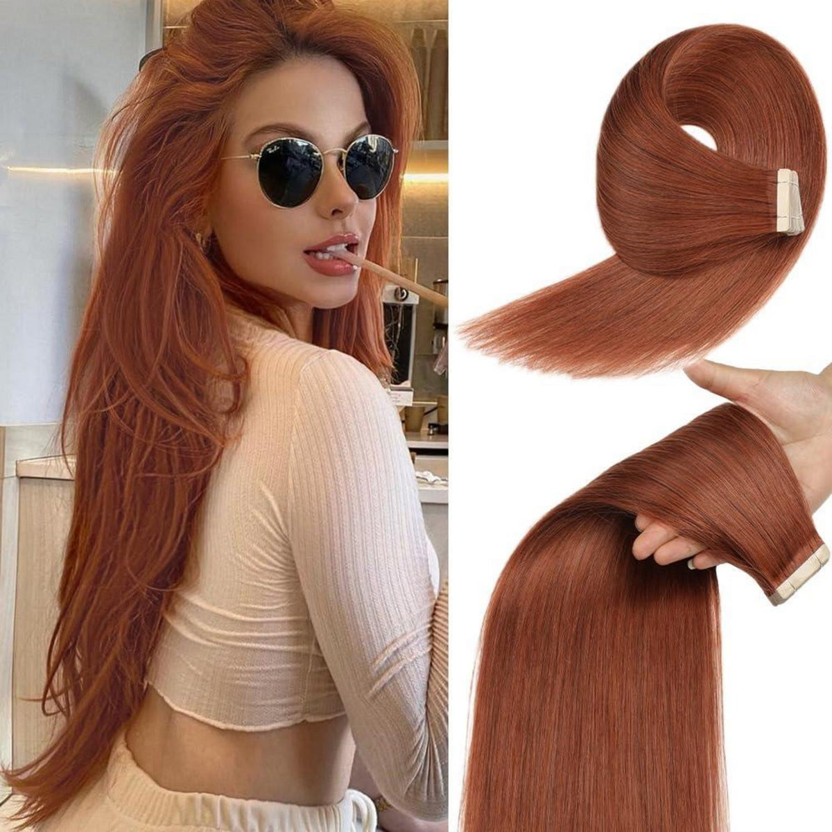 Echthaar Tape Extensions Dunkelrotbraun 60cm