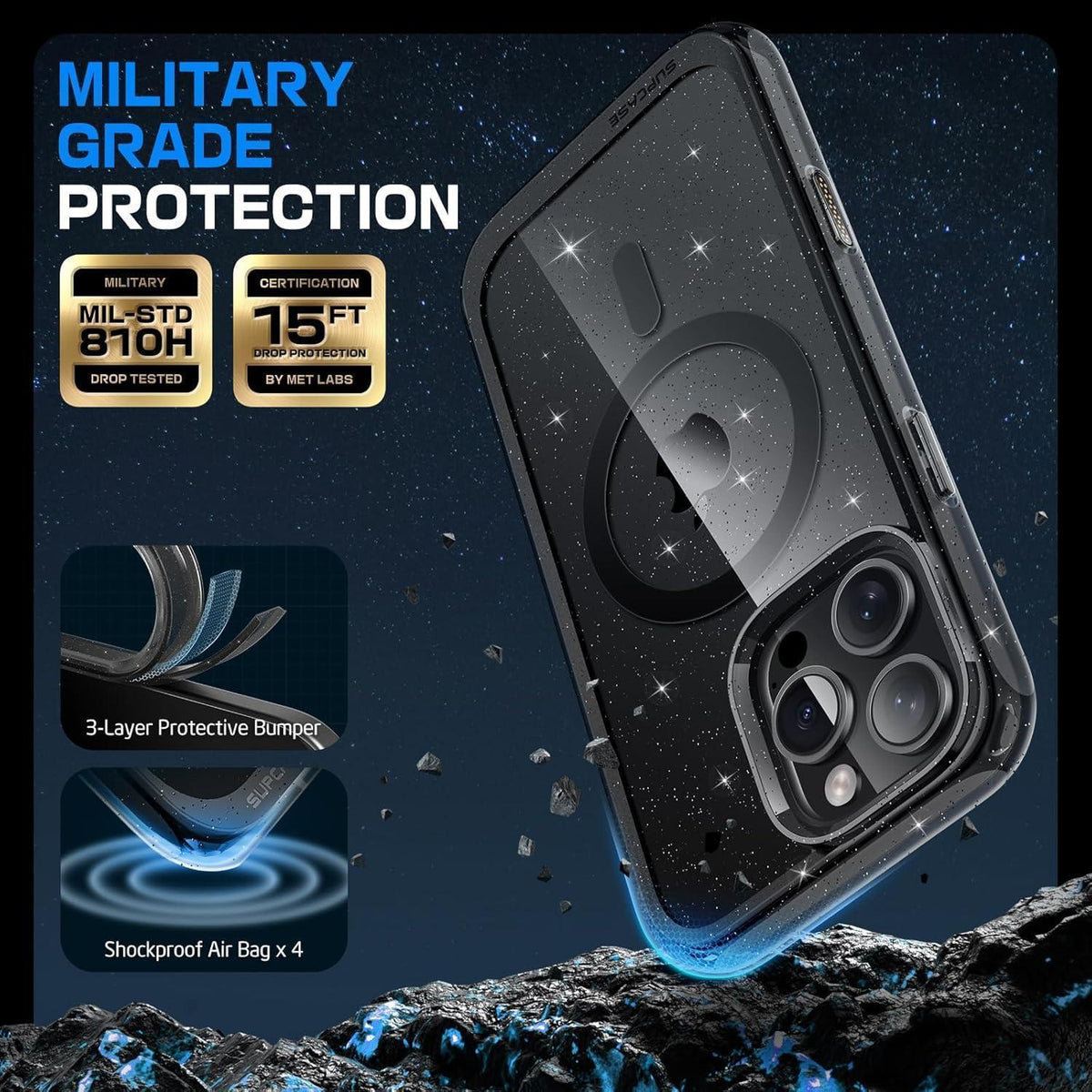 iPhone 16 Pro Hülle MagSafe Transparent Militärschutz GSchwarz