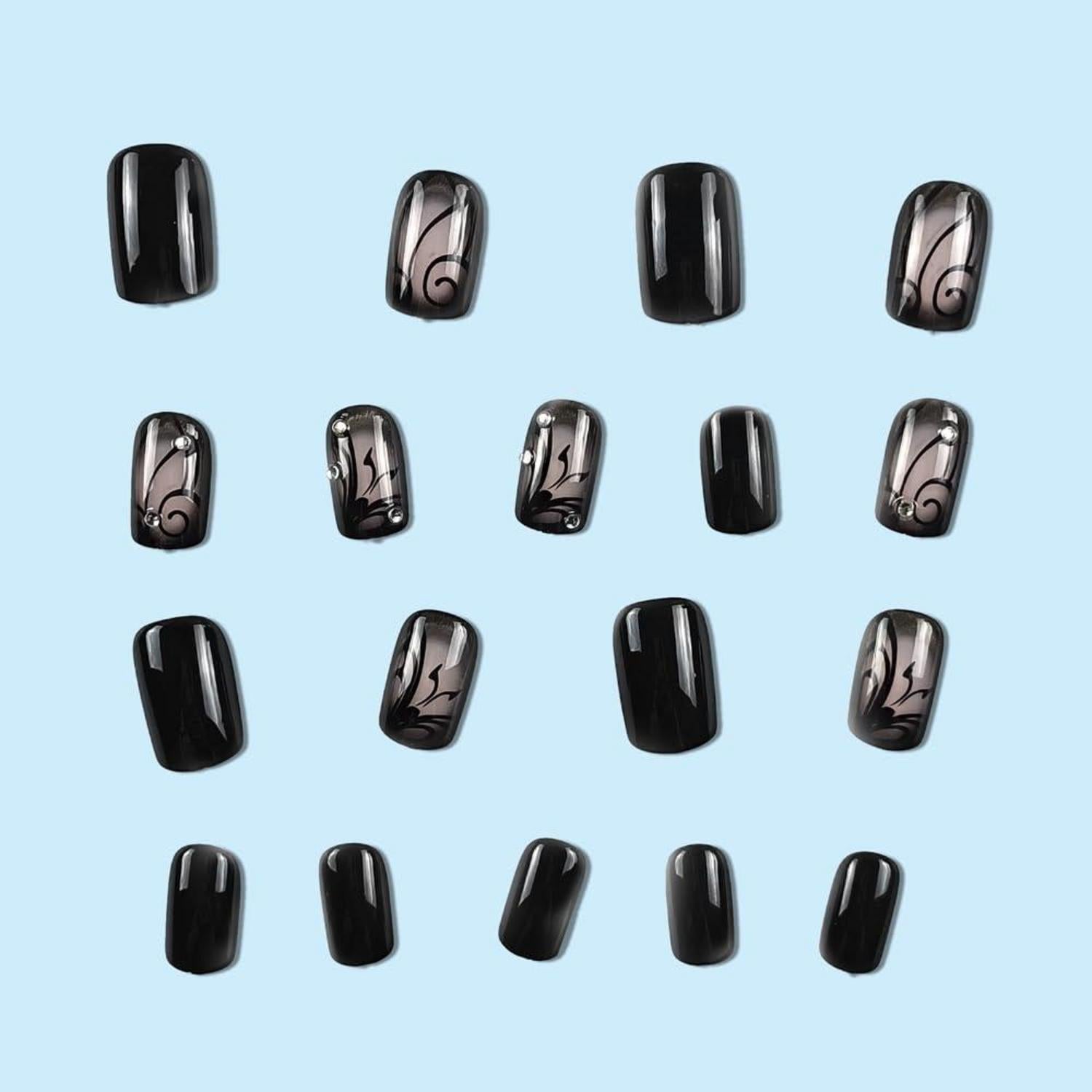 24 Stück Schwarze Nägel, Schmetterling Muster, Glossy, Künstliche Fingernägel