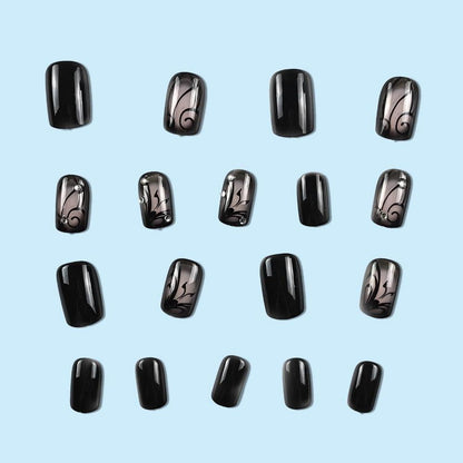 24 Stück Schwarze Nägel, Schmetterling Muster, Glossy, Künstliche Fingernägel