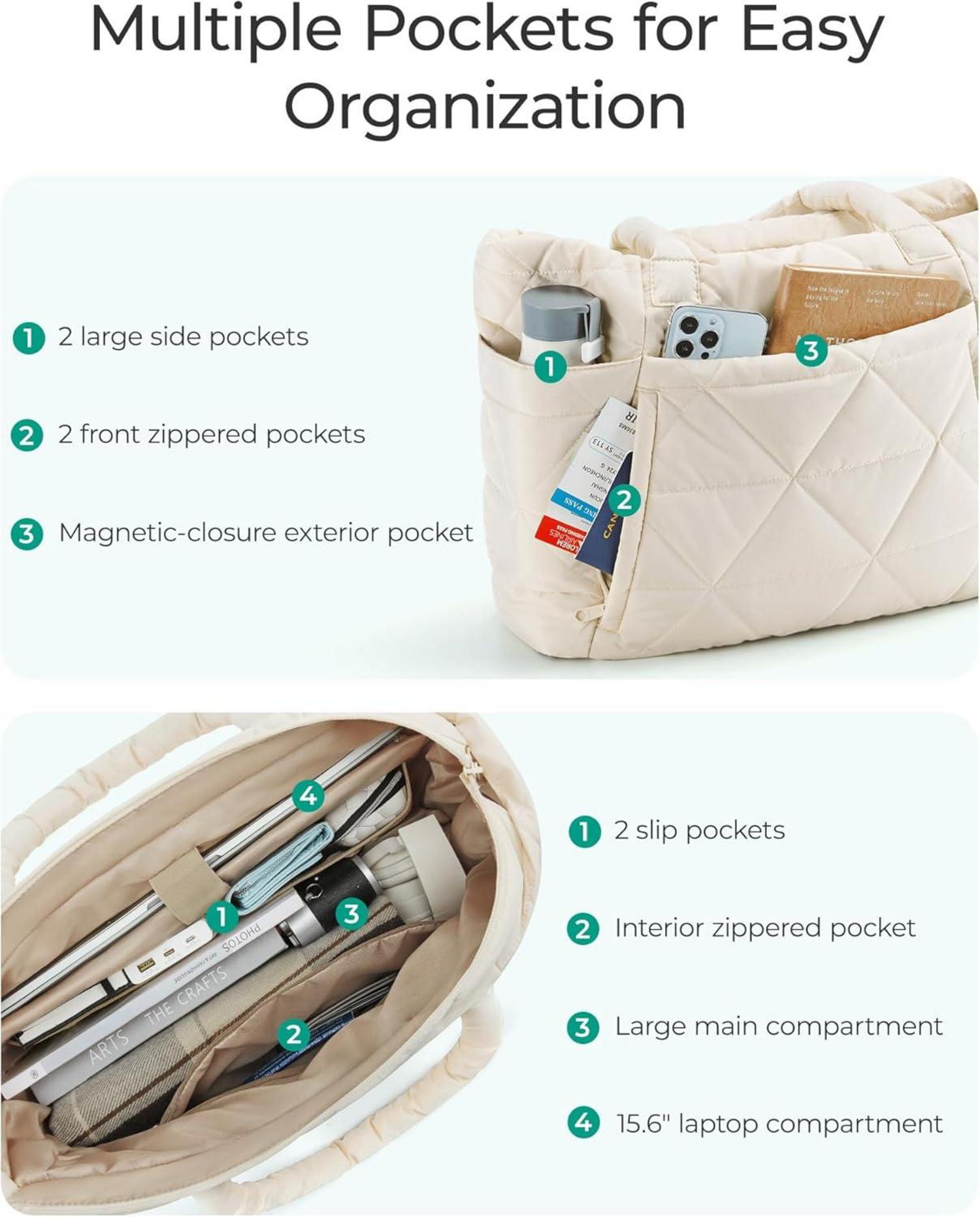 Tragetasche mit Reißverschluss und Fächern für Damen, Schultertasche