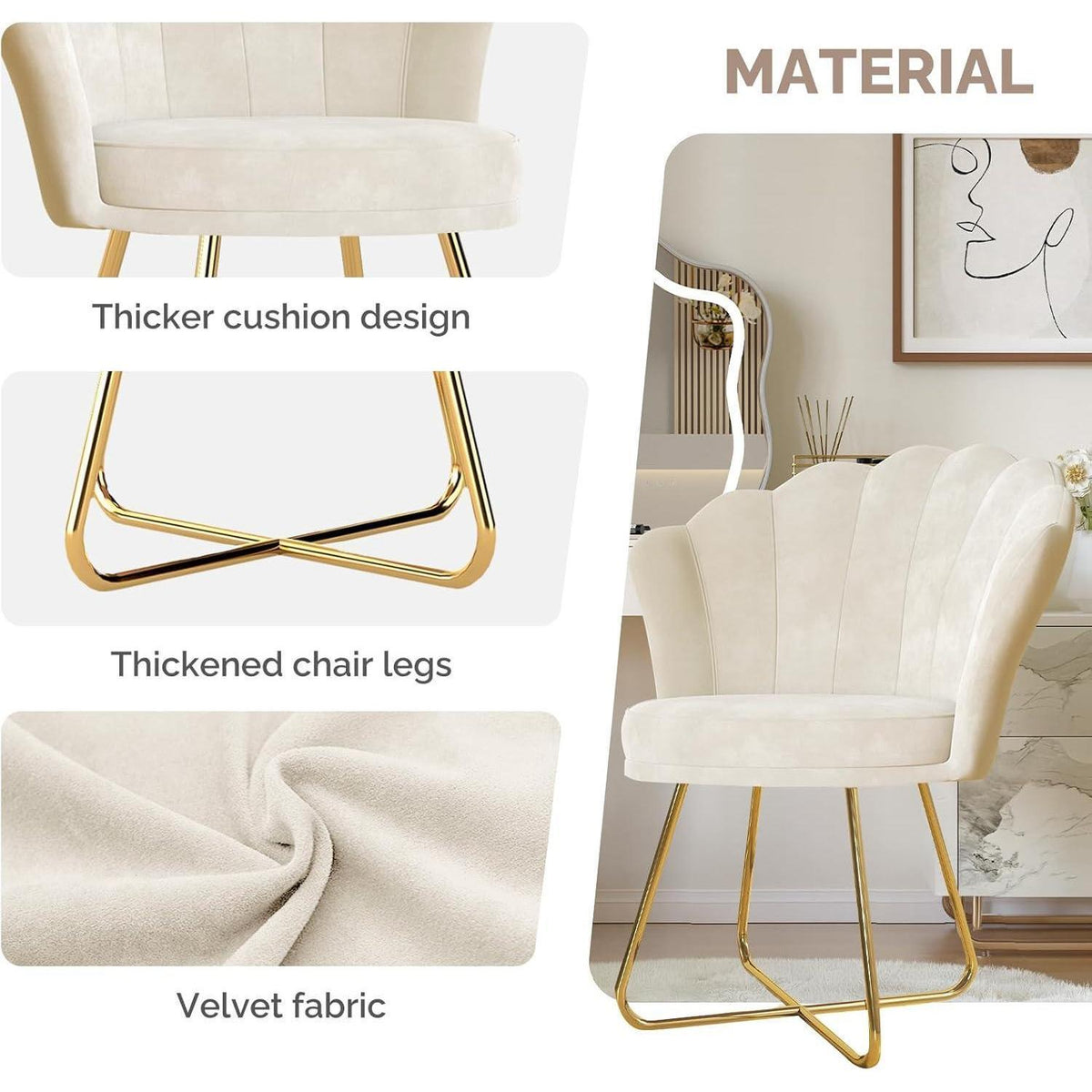 Polstersessel 2er Set mit Blütenblatt-Lehne, Samt, Goldbeine, Beige