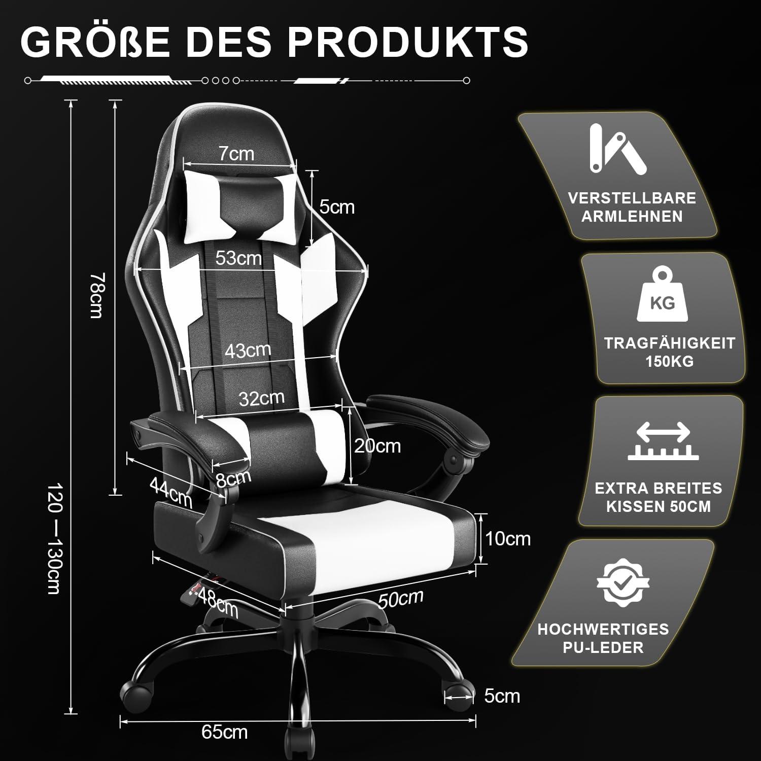 Ergonomischer Gaming Stuhl mit Massage und 150kg Kapazität