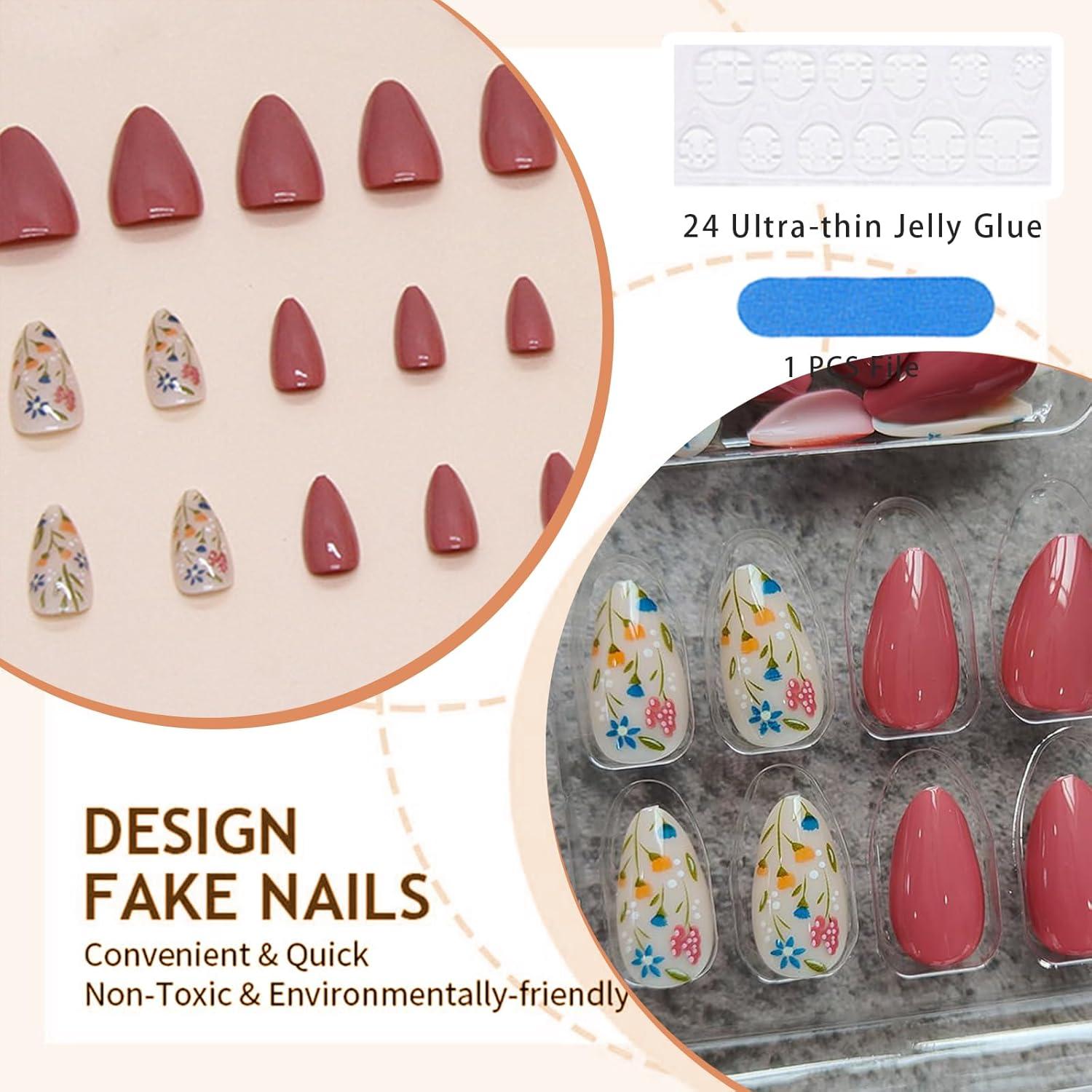 24 Blumen Design Almond Press on Nägel Set - Glänzend & langlebig
