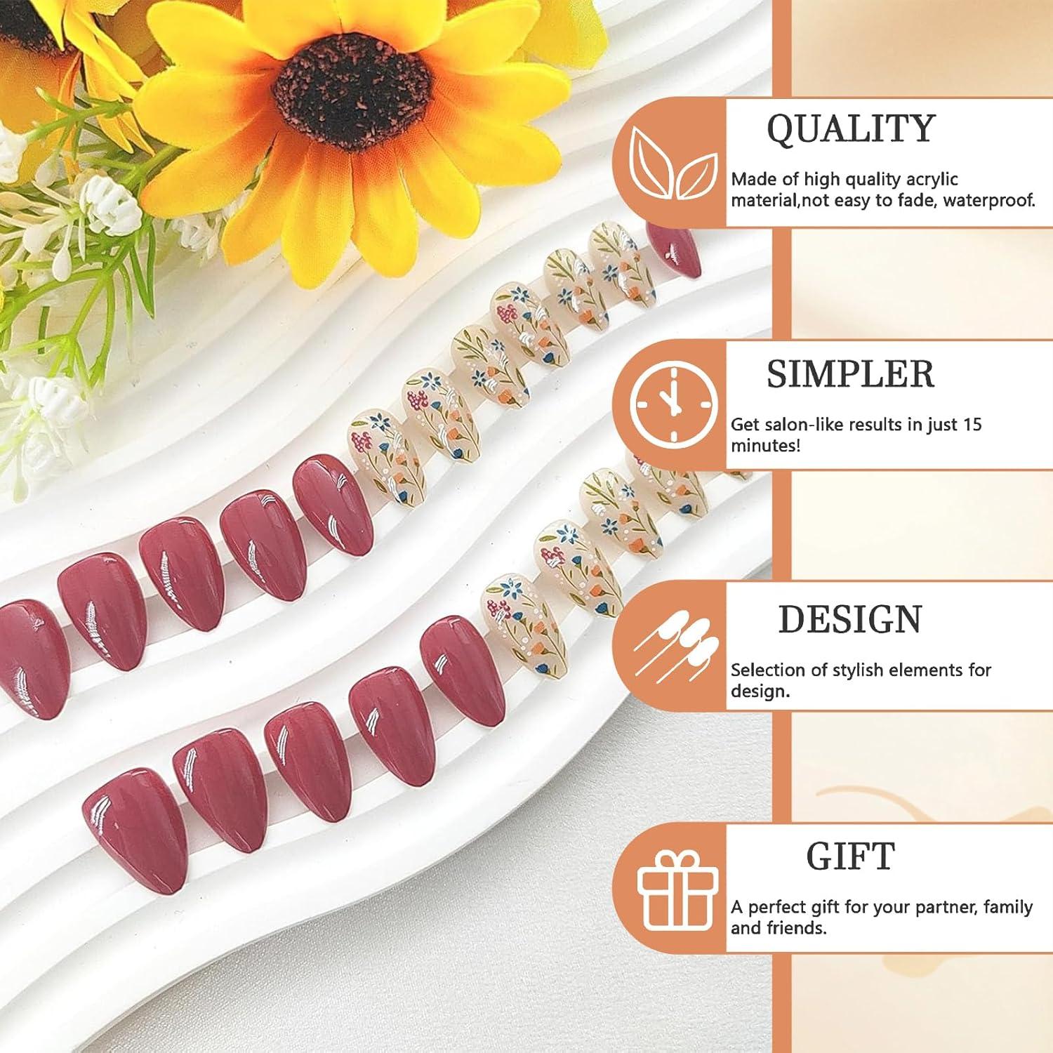 GlamRays 24er Set Mandel-Drucknägel Blumen Design mit Gelierklebe
