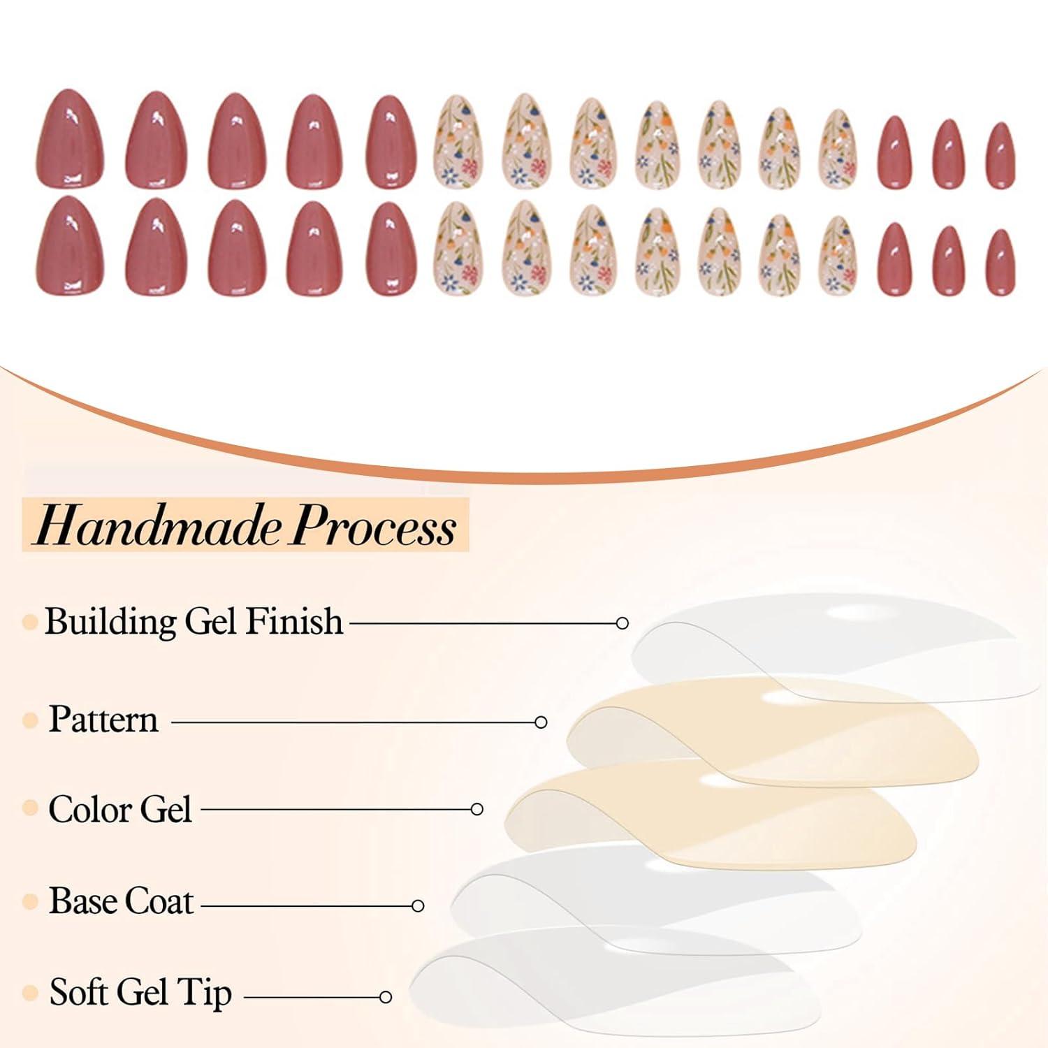 24x Almond Press on Nägel Herbst Blumen Design Glänzend Acryl Vollumspannend
