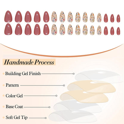 24x Almond Press on Nägel Herbst Blumen Design Glänzend Acryl Vollumspannend