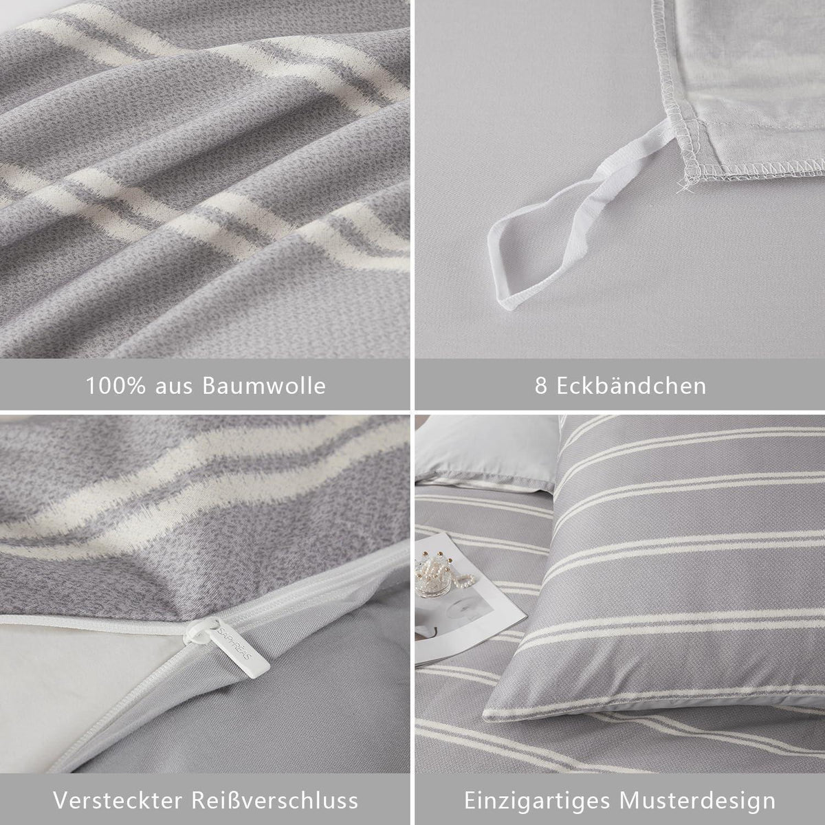 Graue gestreifte Bettwäsche 200x200 cm - 3tlg. Baumwolle