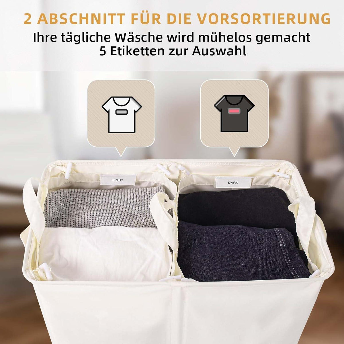 Wäschekorb mit Deckel & 2 Fächern – 135L Beige