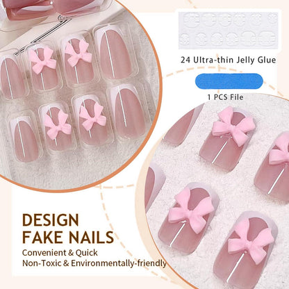24 Stücke Weiße French Nails mit 3D Harz Schleifen