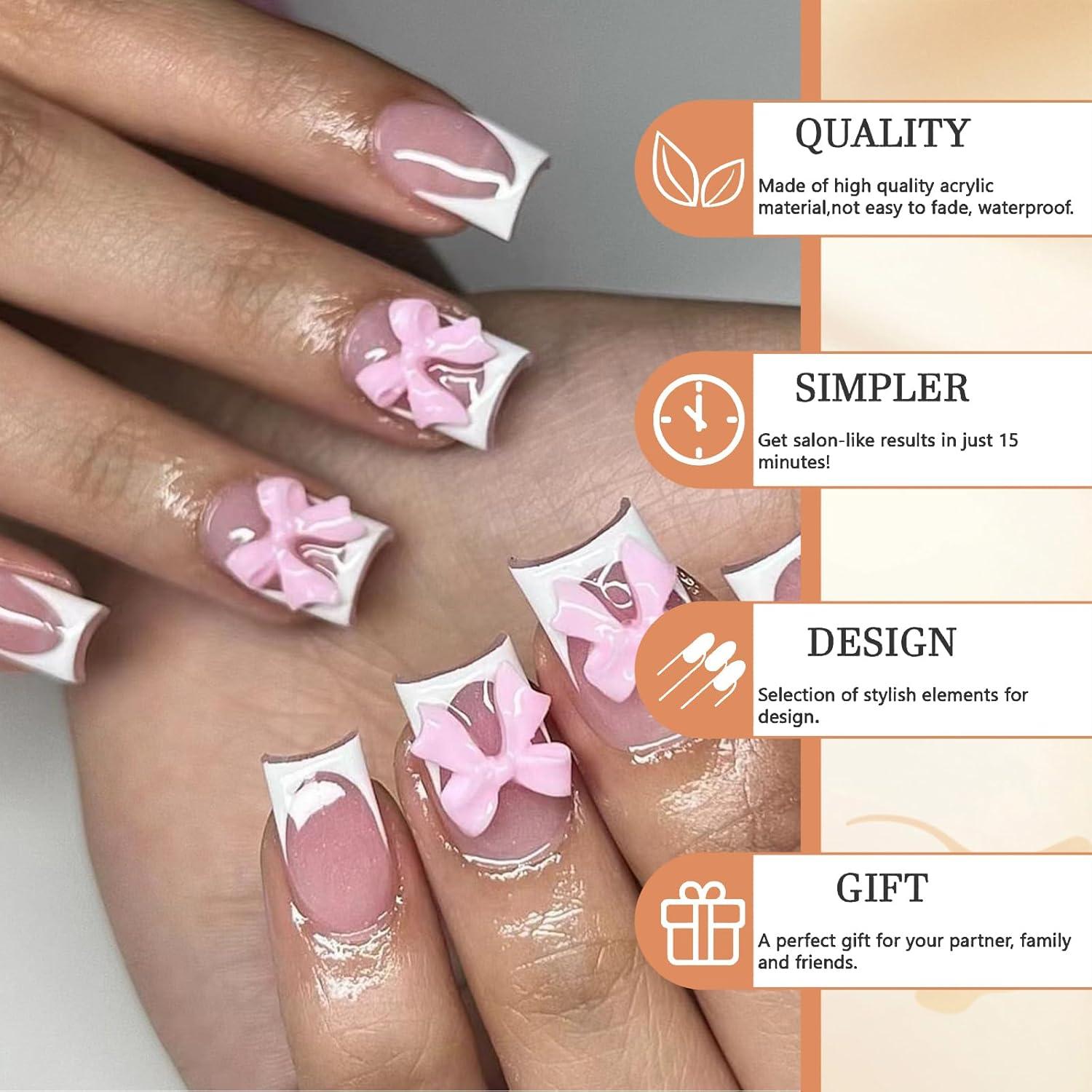 24 Stücke Press on Nails French False Nails mit 3D Harz Schleifen in Nude