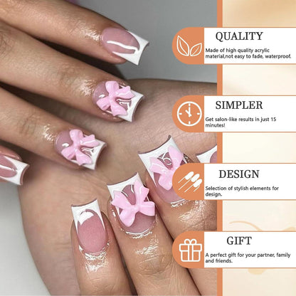 24 Stücke Press on Nails French False Nails mit 3D Harz Schleifen in Nude