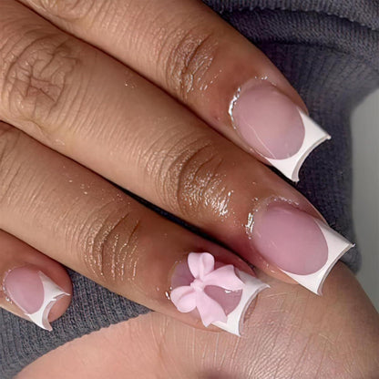 24 Stücke French Nails Press on Nails Kurz Weiß 3D Harz Schleifen