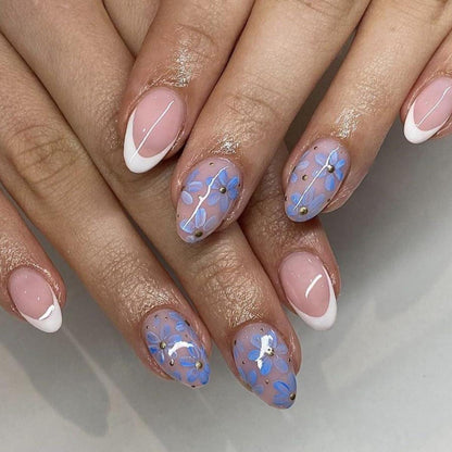 24 Stück Acryl Press on Nägel Blumen mit Glitzer Spitze - False Nails