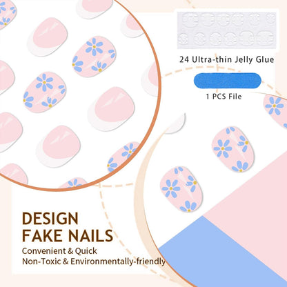 24 Stück Acryl Press on Nägel Blumen mit Glitzer Spitze - False Nails