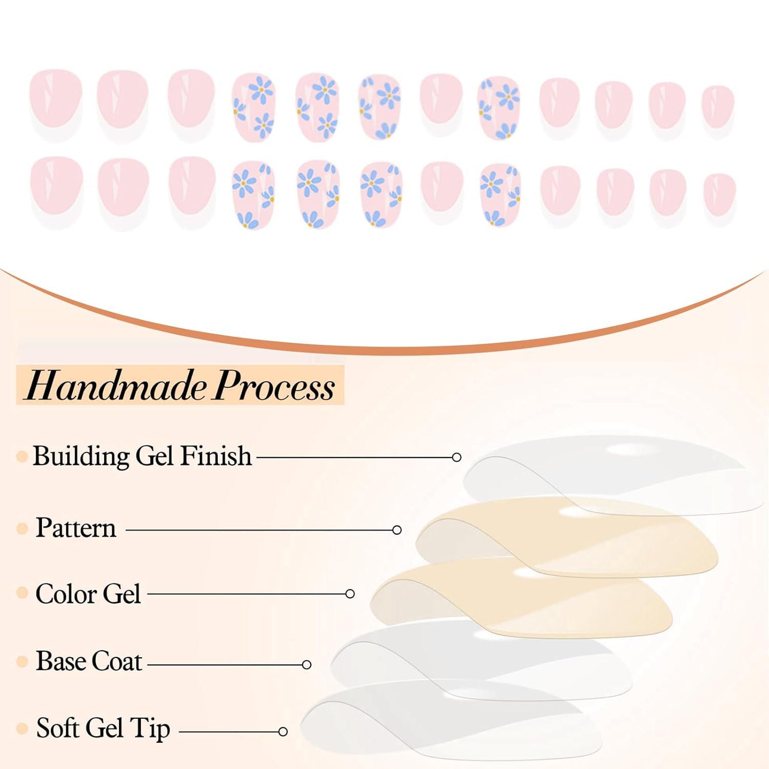 24 Stück Blaue Kurze Oval Blumen False Nails Set Glitzernde Spitze Press on
