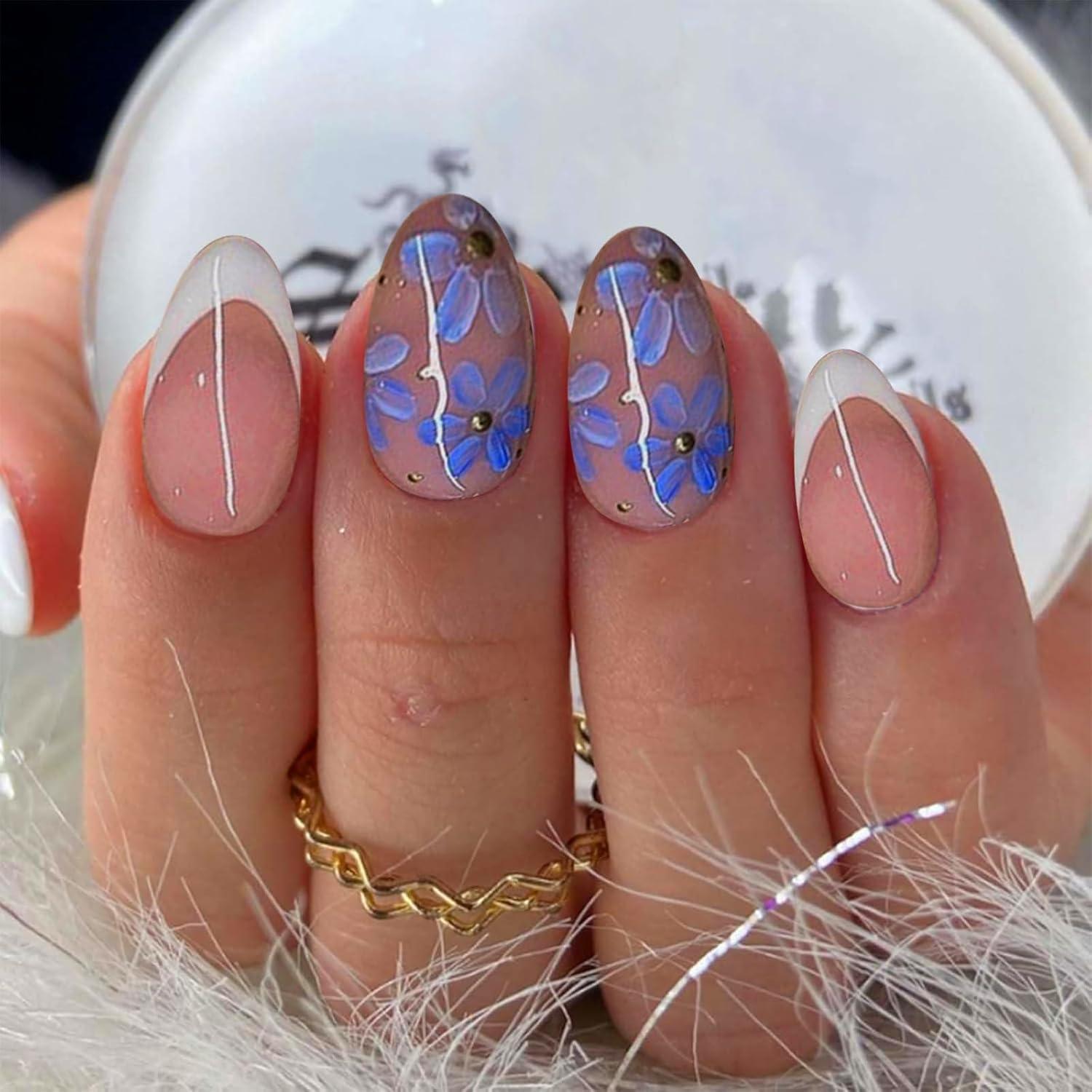 24 Stück Kurz Oval Babyblau Blumen Glitzer Press on Nägel False Nails