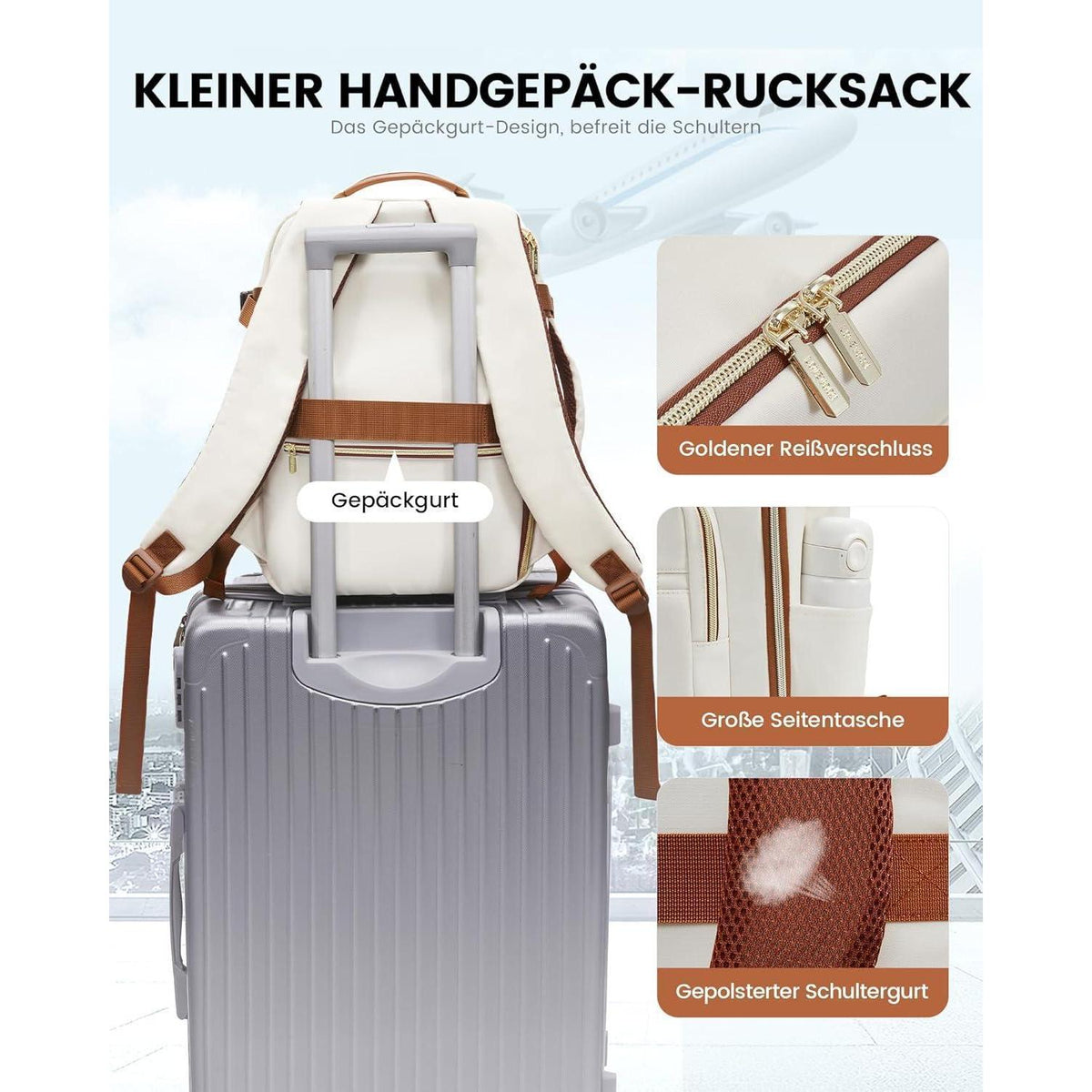 Handgepäck Rucksack 40x20x25cm, Reise Rucksack für Flugzeug, Laptopfach, Beige+braun