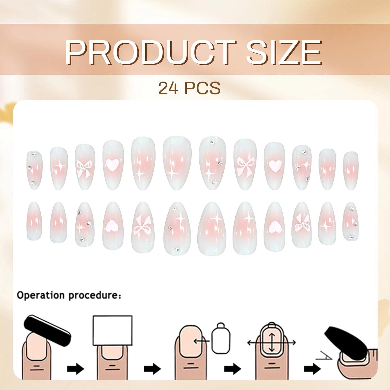 24 Stück Pink Herz Schleife Press on Nägel, Glitzer