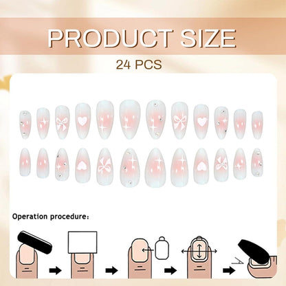 24 Stück Pink Herz Schleife Press on Nägel, Glitzer