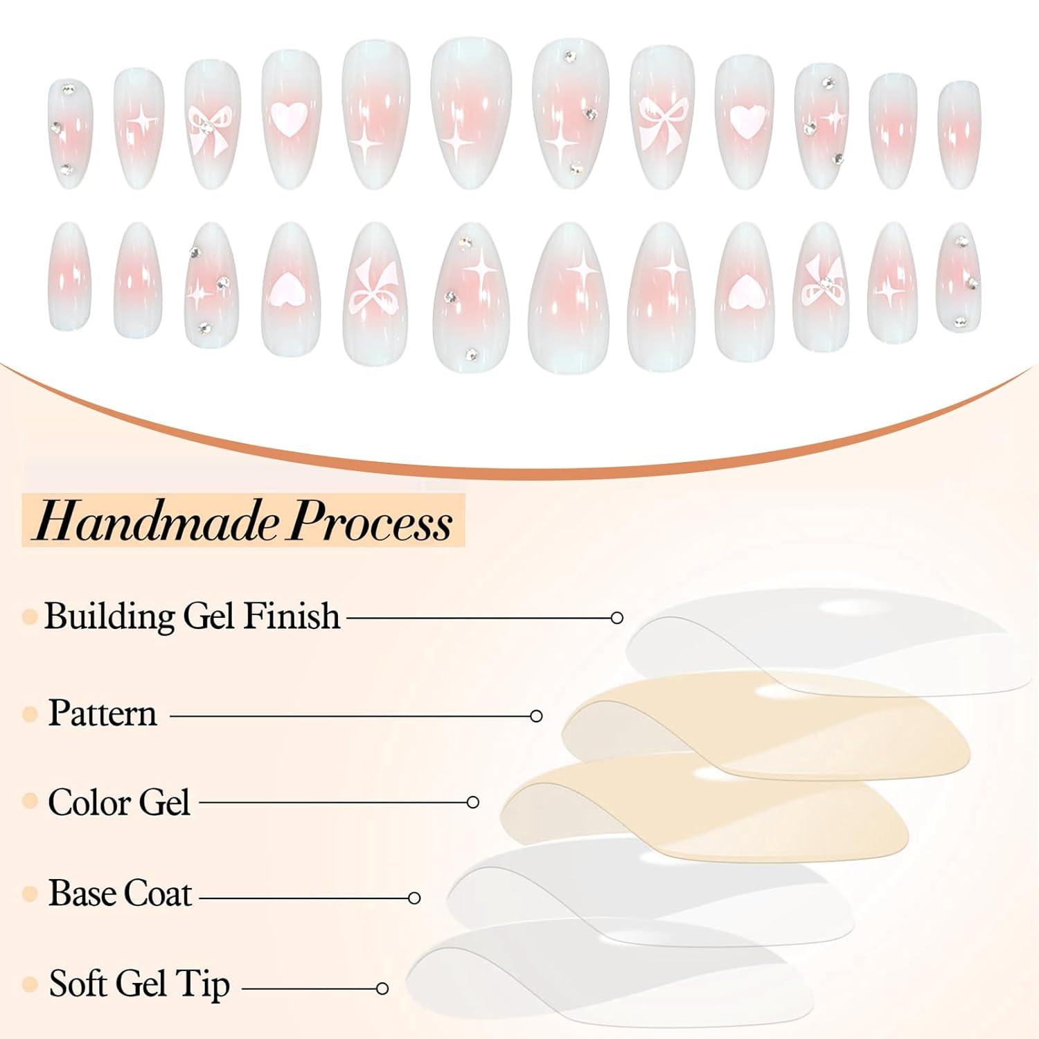 24er Set Glitzer Herz Schleife Lang Almond Falsche Nägel für Frauen DIY