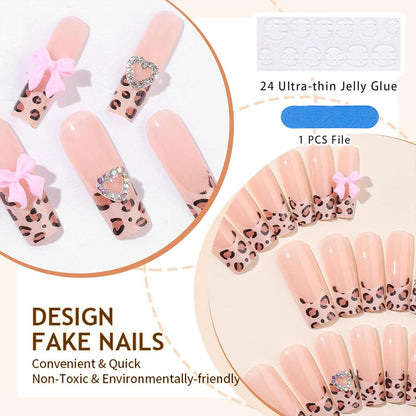 24 Stück Leopardenmuster Press on Nägel Acryl French Nails mit