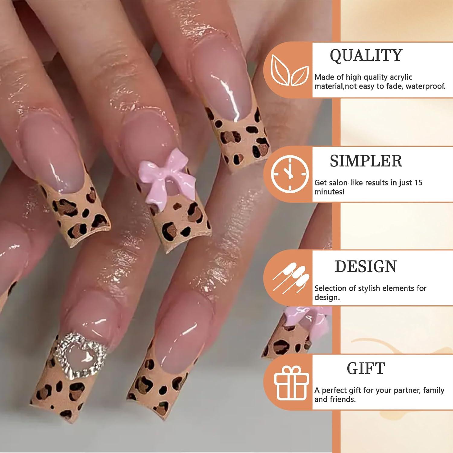 24 Stück Lang Quadrat Leopardenmuster Press on Nails Pink Schleife Acryl False Nails