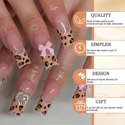 24 Stück Lang Quadrat Leopardenmuster Press on Nails Pink Schleife Acryl False Nails