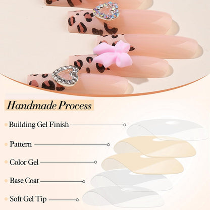 24 Stück Leopardenmuster Press on Nails Acryl Künstlich Glänzend Pink Schleife