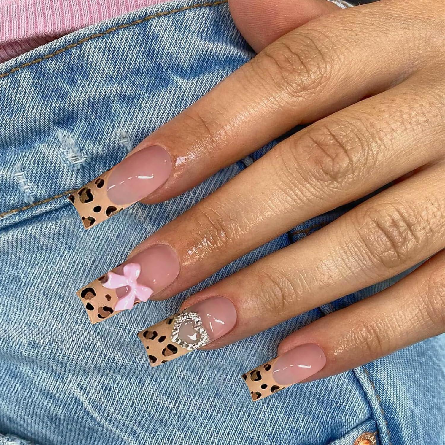 24 Stück Lang Quadrat Press on Nails Leopardenmuster Gel False Nails