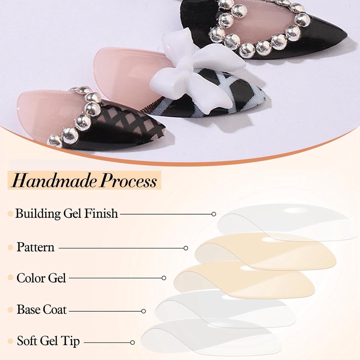 24 Stück Mittellange Almond Press on False Nails Schwarz Herzmuster