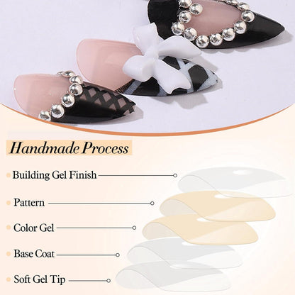 24 Stück Mittellange Almond Press on False Nails Schwarz Herzmuster