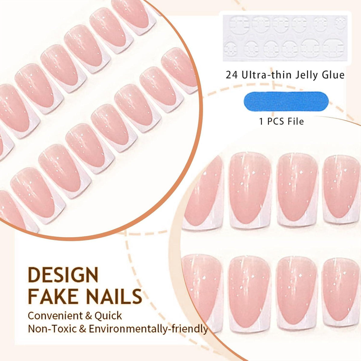 24-teiliges French Nails Kurz Flachkopf-Set mit weißem French Tip