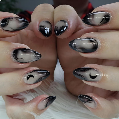 24 Stück Almond False Nails Schwarzes Gradient French Pink Nail Art