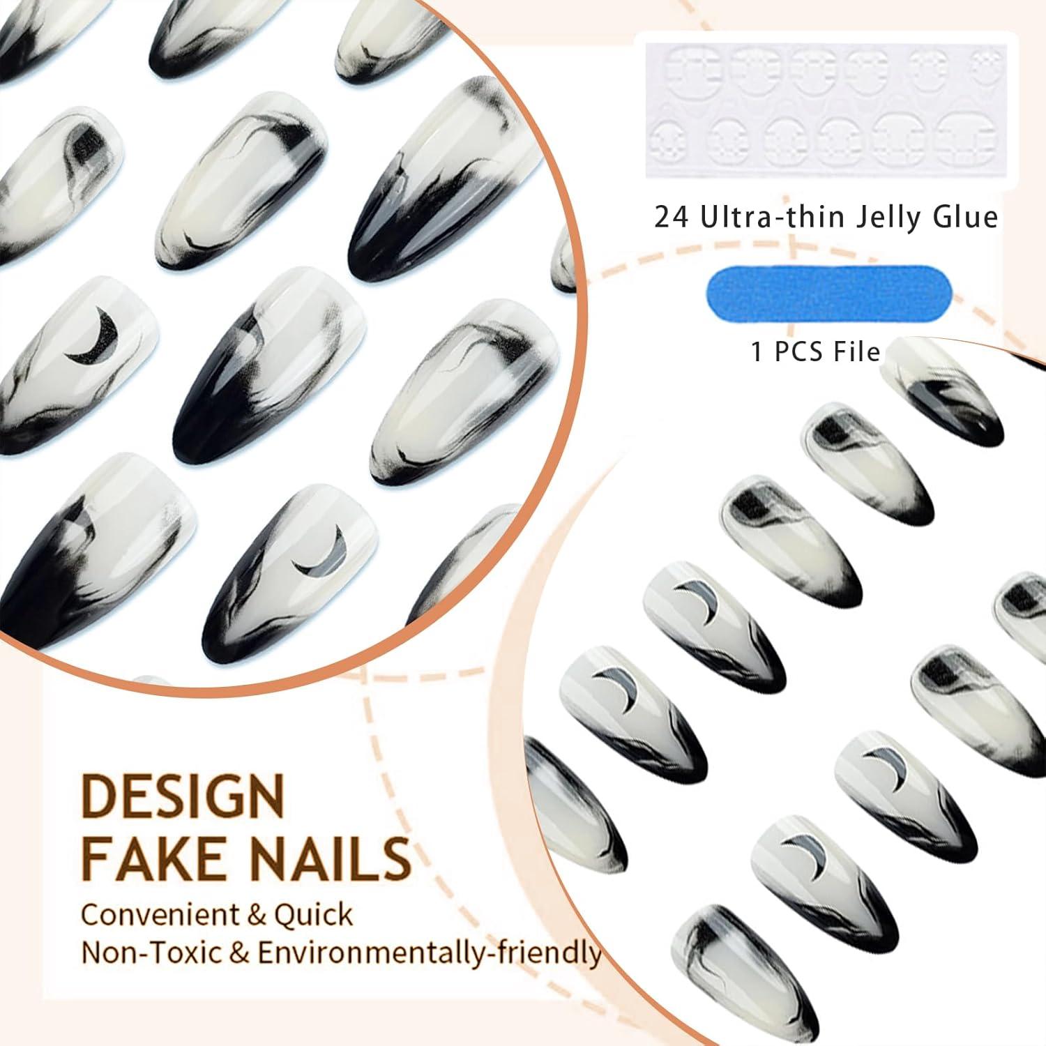 24 Stück Almond False Nails Schwarzes Gradient French Pink Nail Art
