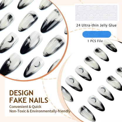 24 Stück Almond False Nails Schwarzes Gradient French Pink Nail Art