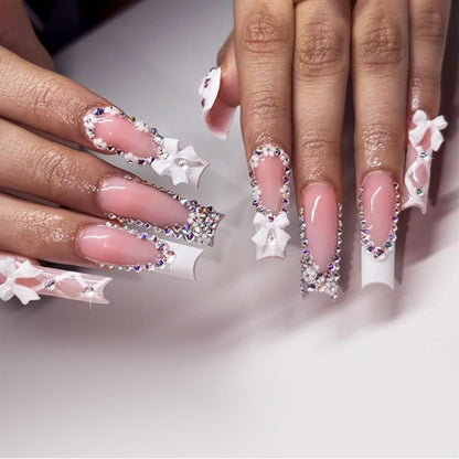 24er Set Press on Nails mit 3D Schleife, Blumen, Rhinestones
