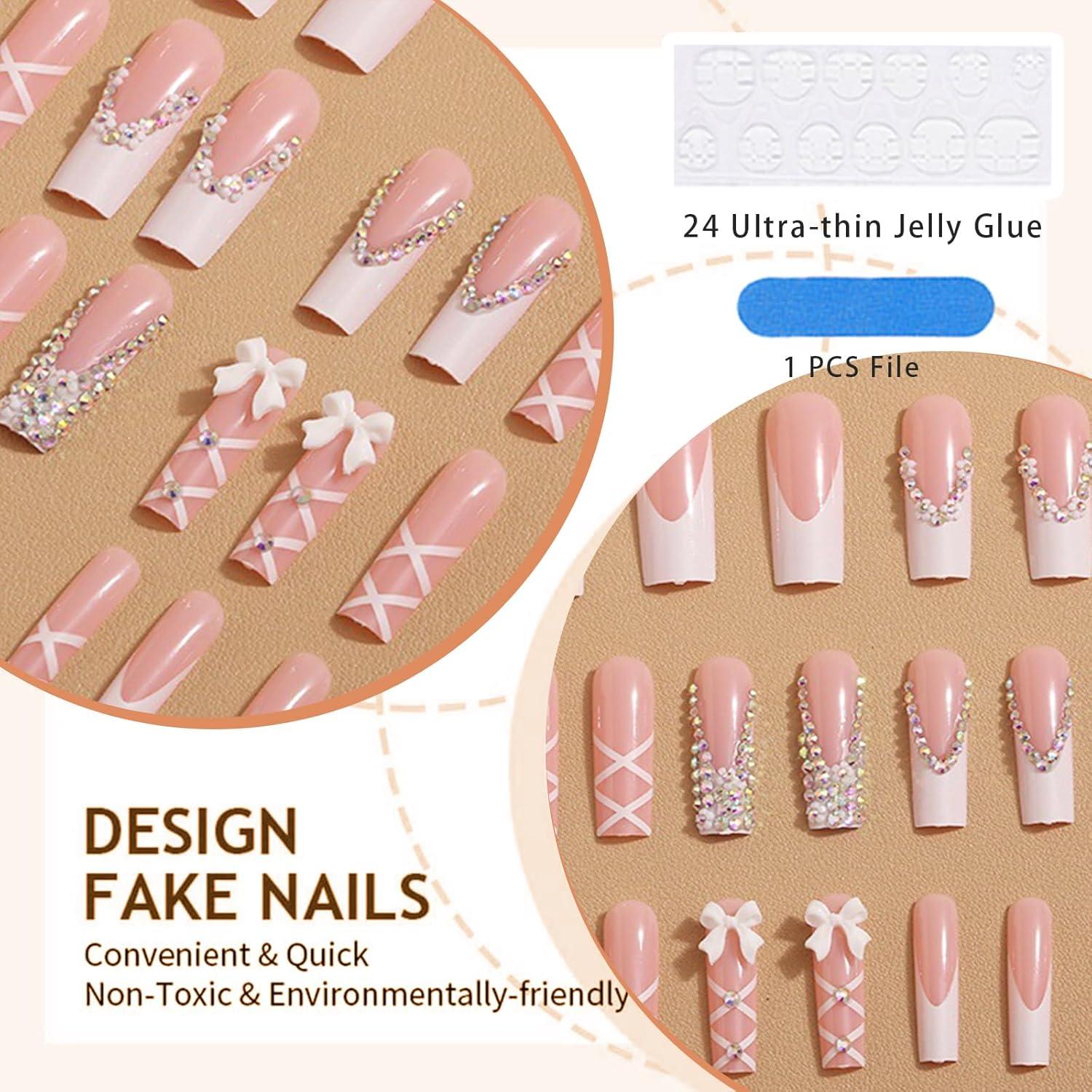 24er Set Press on Nails mit 3D Schleife, Blumen, Rhinestones