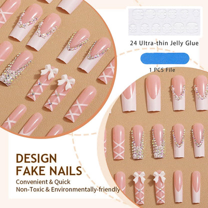 24er Set Press on Nails mit 3D Schleife, Blumen, Rhinestones