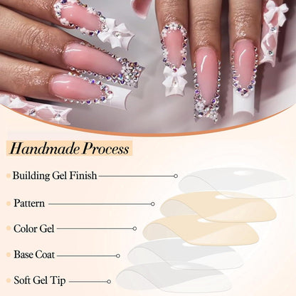 24 Stück Weiße 3D Schleife Rhinestone False Nails Acryl Stick on Nails