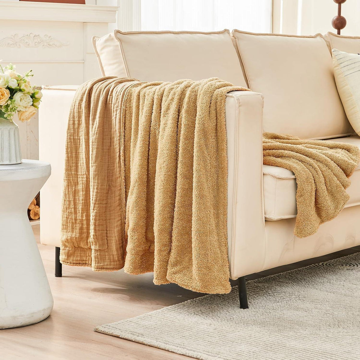 Musselin Fleece Decke 150x200 cm Beige Kuscheldecke