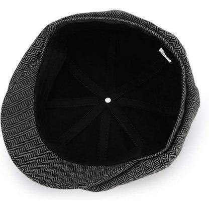 Newsboy Mütze 8-Panel Fischgräten Tweed Retro Gatsby Cap Schwarz